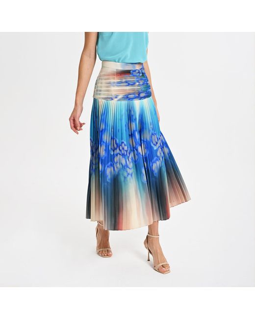 Lalipop Design Blue Abstract Floral Pleated Midi Skirt