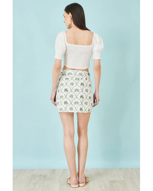 Yumi' White Palm Print Cotton Wrap Skirt