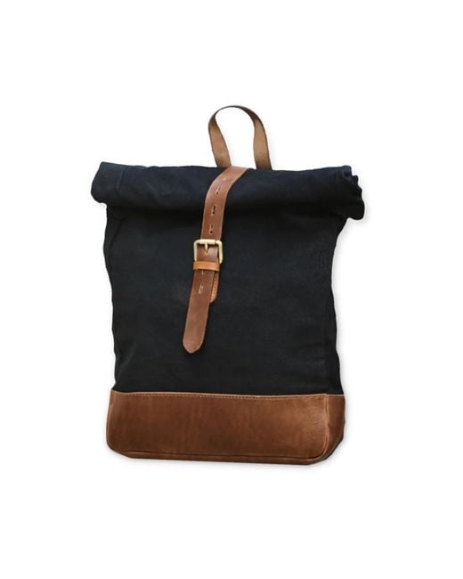 VIDA VIDA Black Canvas & Leather Roll Top Bag- & Tan