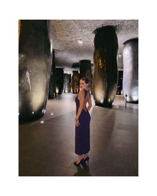Monosuit Purple Sleeveless Crew Neck Backless Lace Belted Bodycon Evening Midi Dress Politically Correct