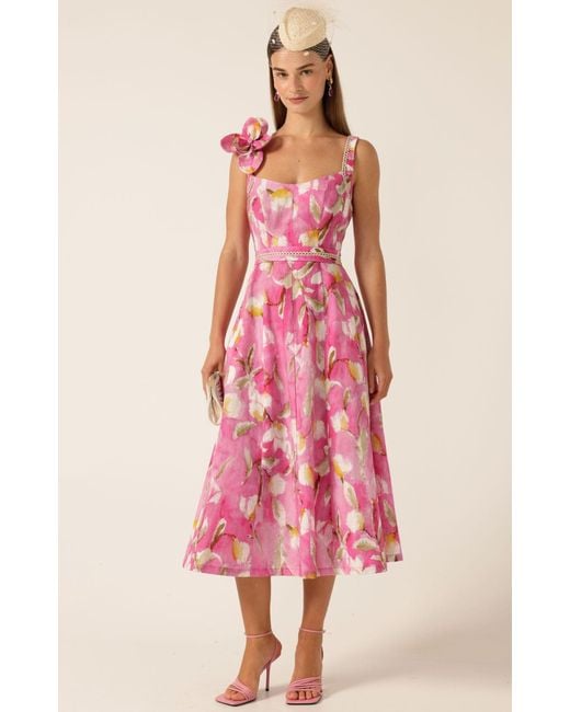 SACHA DRAKE Pink Tulip Rose Midi Dress