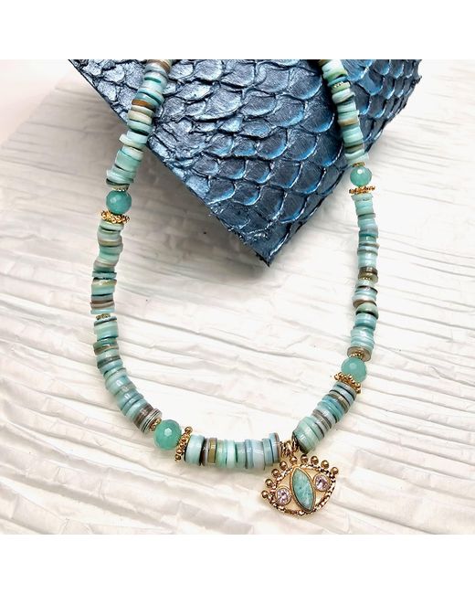Farra Blue Shell With Turkish Evil Eye Pendant Necklace