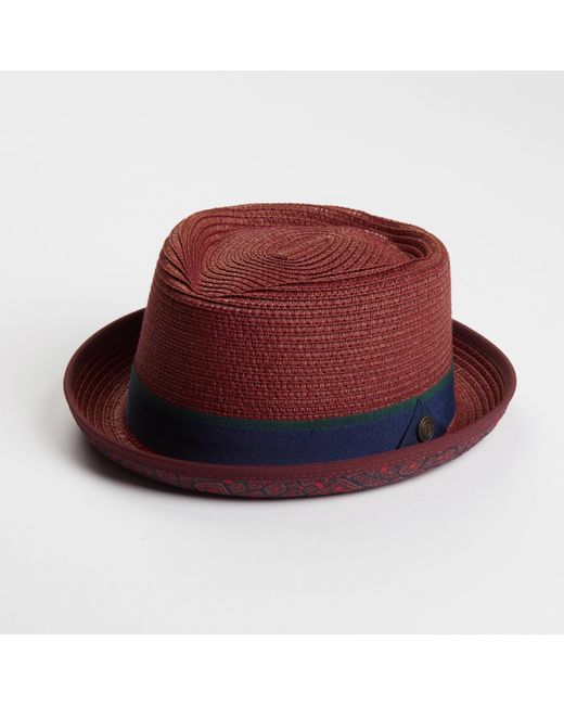 Dasmarca Hats Red Dasmarca Tommy Burgundy Summer Straw Porkpie Hat With Vintage Geometric Prints for men
