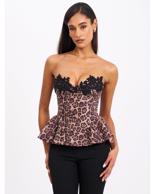 Miss Circle New York Red Qiara Cheetah Print Peplum Top With Lace Trim