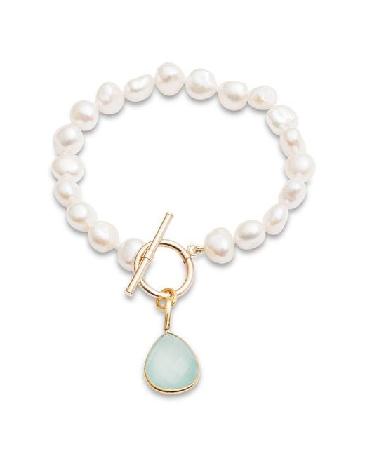 Pearls of the Orient Online Metallic Clara Irregular Cultured Freshwater Pearl Bracelet With An Aqua Chalcedony Drop Pendant
