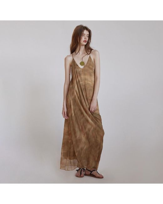 Belsize25 Natural Neutrals Lumen Print Smoky Oud Draped Silk Resort Dress