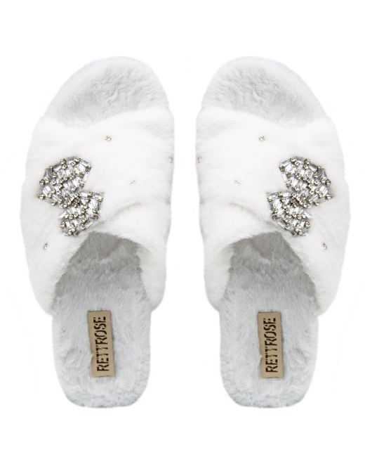 Rettrose White Neutrals Fefe Luxury Cream Plush Diamanté Bow Embellished Handmade Slipper