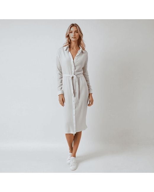 Haris Cotton Gray Button Up Linen Gauze Dress With Belt