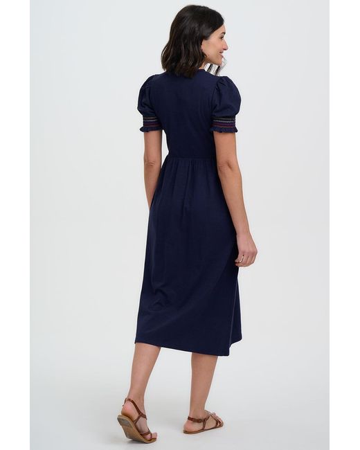 Sugarhill Blue Esme Jersey Midi Dress, Tropic Palm Embroidery