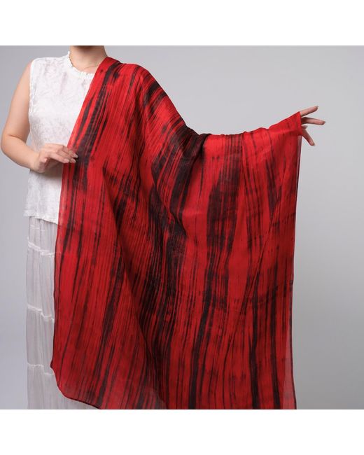 Silk and Bears Red Brushstroke Silk Scarf – Hand-Dyed Mulberry Silk, Evening Wrap & Gift