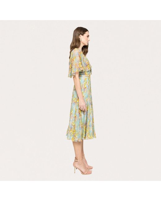 Nissa Green Ruffled Silk Midi Dress Floral-Print
