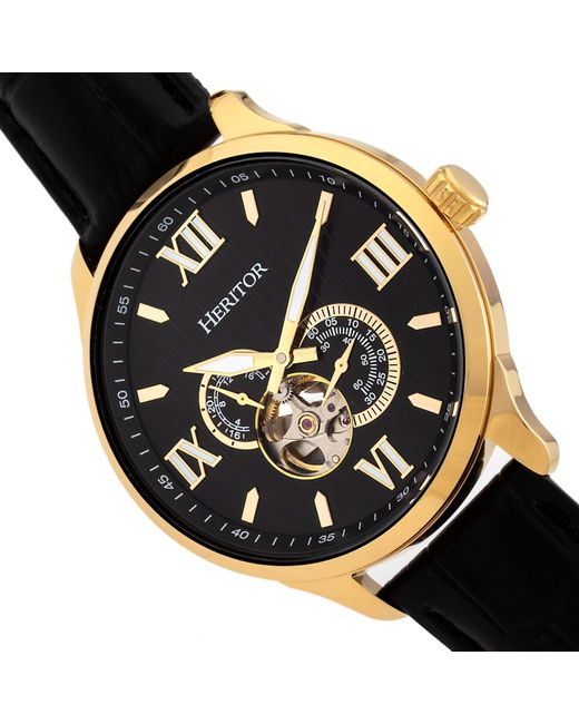 Heritor Metallic Harding Semi-skeleton Leather-band Watch With 24-hour Sub-dial for men