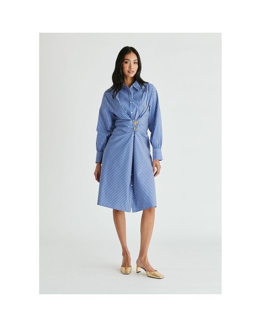 Paisie Blue Asymmetric Striped Shirt Dress With Button Detail