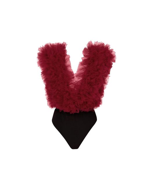 LIA ARAM Red Signature Burgundy Ruffled Tulle Bodysuit