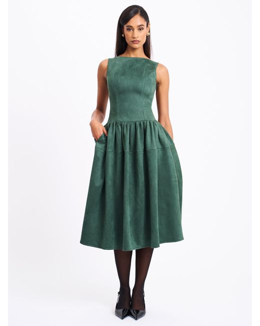Miss Circle New York Green Laila Suede Boat Neck Backless Midi Dress