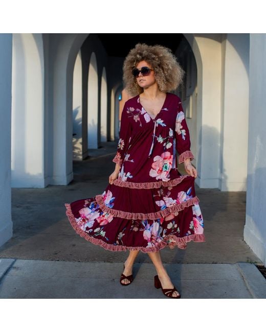 Jennafer Grace Red Plum Rose Velvet Ruffle Maxi Dress