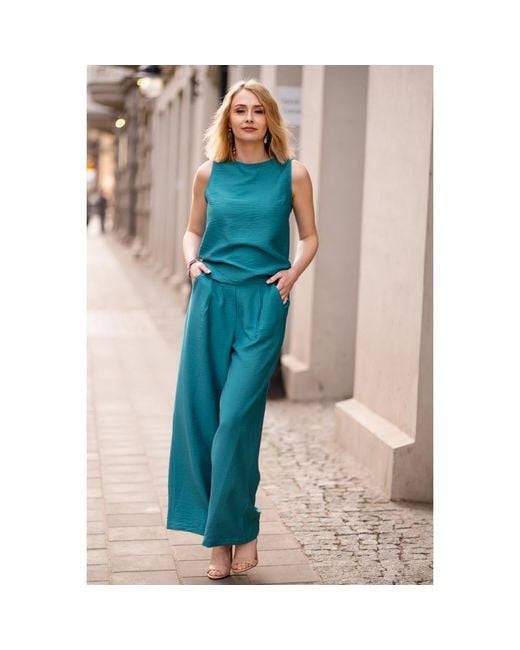 Oh!Zuza Blue Matte Viscose Top & Wide-Leg Trousers Set