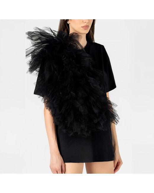 LIA ARAM Black Edgy Ruffle Appliqué Tee