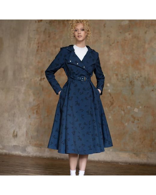 RainSisters Blue Coat With Floral Print In Black: Frost