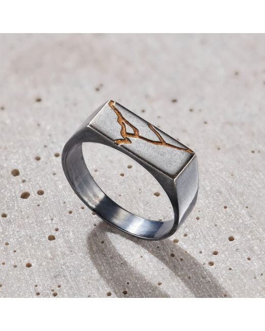 Posh Totty Designs Metallic Oxidised Sterling Silver Rectangle Kintsugi Signet Ring for men
