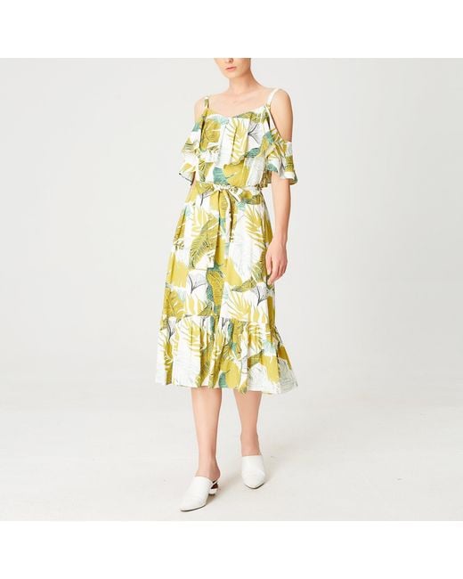 Smart and Joy Yellow Tropical Printed Trapeze Dress With Ruffles And Thin Straps