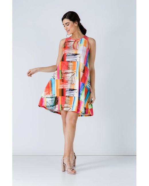 Conquista Red Coral A Line Print Dress