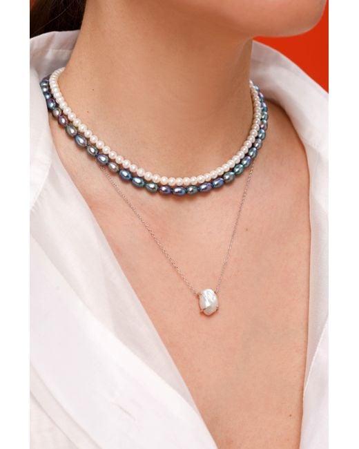 Pearl Code Metallic Rice Pearl Choker, Iridescent Freshwater Pearl Necklace