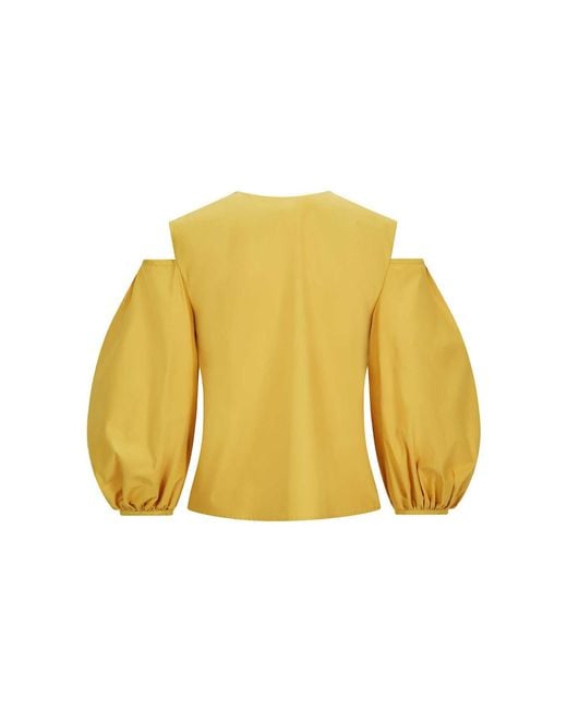 Femponiq Yellow Cold Shoulder Puff Sleeve Lapel Top