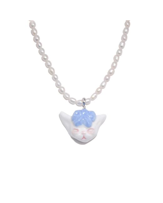 H2 Studio Blue Angry Puss Bow Tie Freshwater Pearl Necklace
