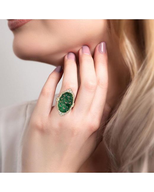 Artisan Green Oval Carved Jade & Diamond Ring