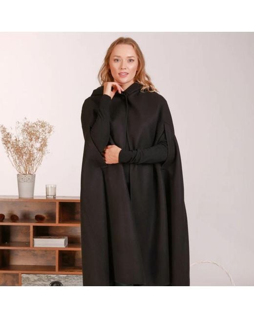 Nikka Place Black Wool Hooded Cloak Coat For Winter