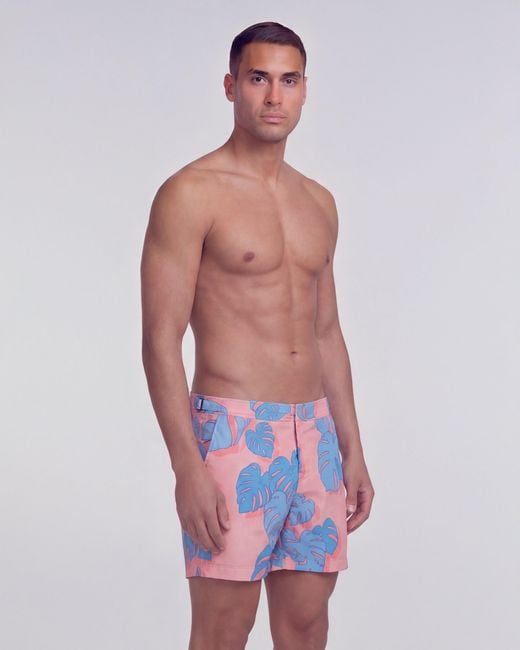 Lords of Harlech Blue Pool Monstera Floral Coral Tailored Swim Short for men