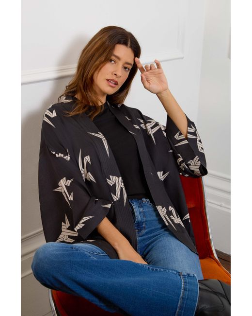 Artemis Muse Blue Neutrals Japanese Origami Bird Print & Ivory Short Light Weight Kimono