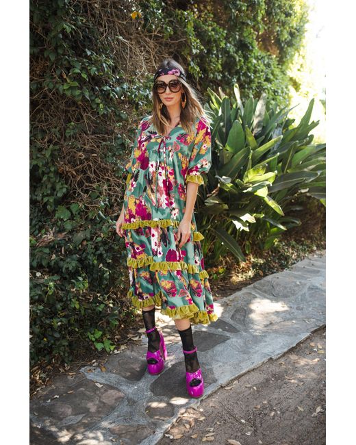 Jennafer Grace Blue Fuchsia Fae Velvet Ruffle Maxi Dress