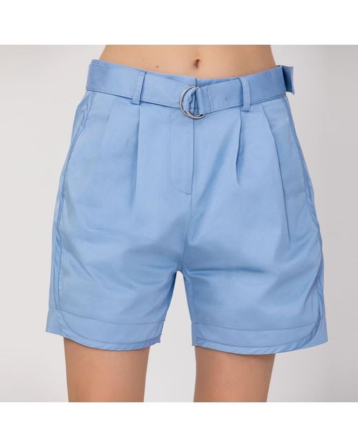 Smart and Joy Blue Neutrals Buckle And Front Pleats Cotton Shorts