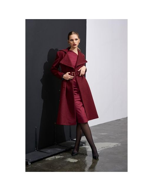 AVENUE No.29 Red Double Breasted Midi Length Wool Coat With Belt