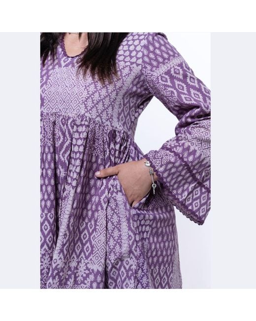 House of Gl Purple Liora Hand-Block Printed Cotton Bell Sleeve Mini Dress With Lace Detail