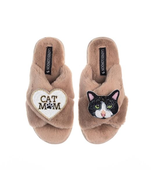 Laines London Brown Classic Laines Slippers With Cat Mum/Mom & Oreo & Shorthair Cat Brooches
