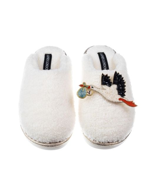 Laines London White Neutrals Cream Teddy Closed Toe Slippers With Baby Boy Stork Brooches