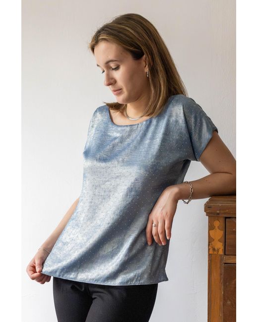 Stovaria Blue Sandwashed Silk Blouse With Swarovski Crystal Detailing