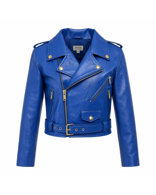 Zasta Studio Blue Cropped Biker Leather Jacket