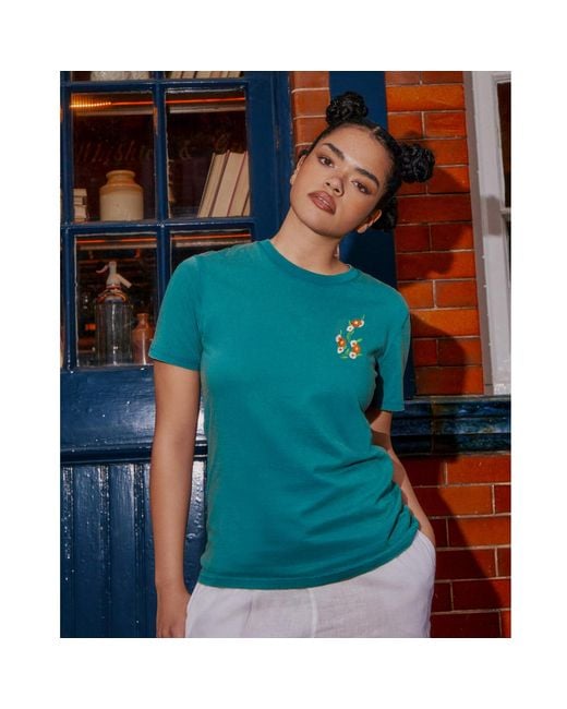 INGMARSON Blue Floral Embroidered Organic Cotton T-Shirt