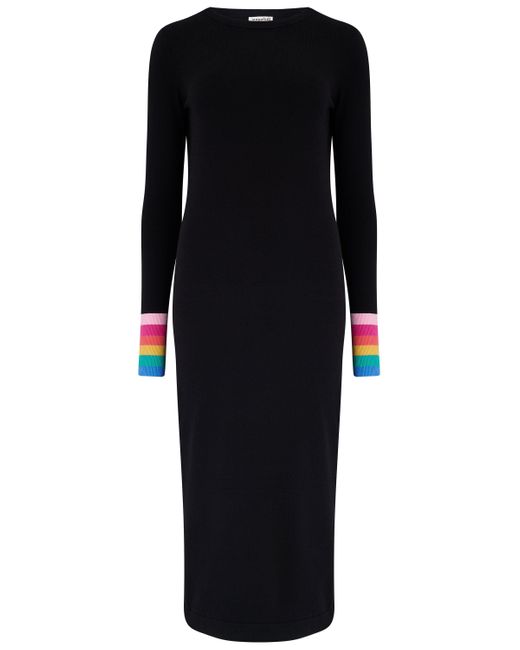 Sugarhill Black Liselle Midi Knit Dress , Rainbow Stripe Cuffs