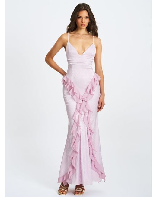 Miss Circle New York Purple Paolina Taro Jacquard Ruffle Mermaid Maxi Dress