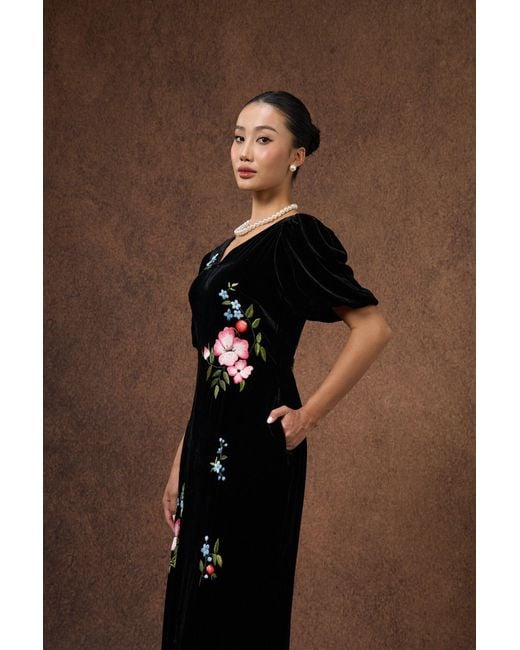 Silk and Bears Black Hand-Embroidered Silk Velvet Puff-Sleeve Maxi Dress — Floral — Velvet Atelier