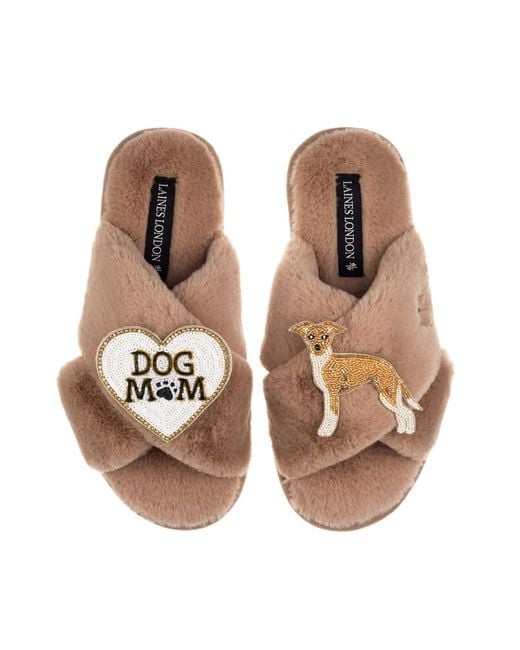 Laines London Brown Neutrals Classic Slippers With Dog Mum/Mom & Fawn & Italian Greyhound Brooches
