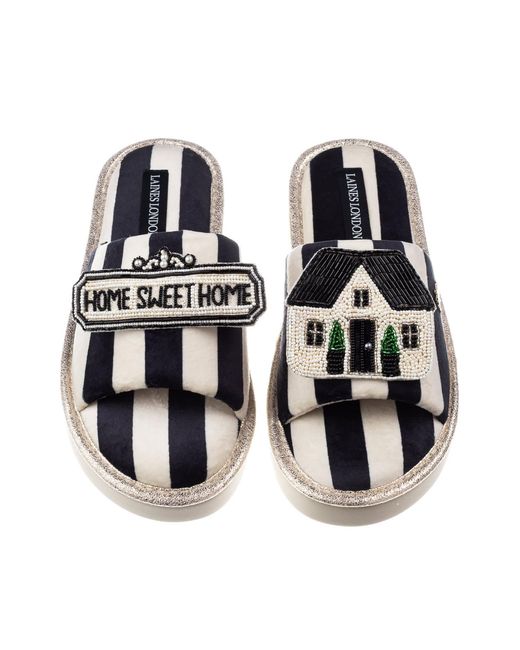 Laines London Black Flatform Stripe Open Toe Slippers With Home Sweet Home Brooches