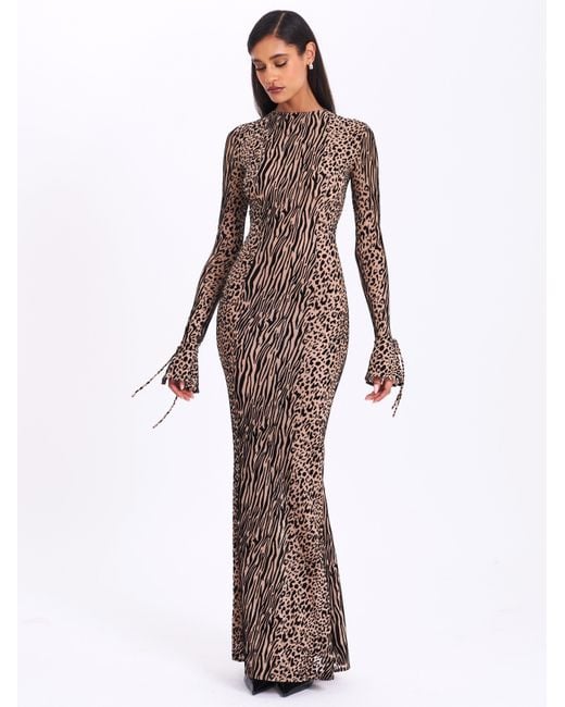 Miss Circle New York Gray Neutrals Waylynn Nude Animal Print Burnout Velvet Detail Mesh Backless Maxi Dress