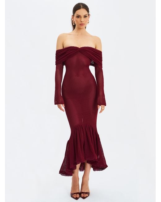 Miss Circle New York Purple Kaedyn Burgundy Off Shoulder Long Sleeve Crochet Mermaid Maxi Dress