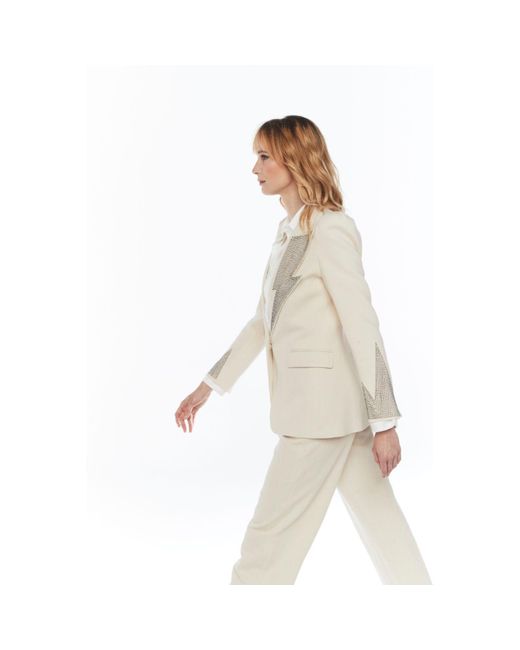 The Extreme Collection White Fitted Single Breasted Puff Sleeves Ecru Cotton Blazer With Strass Hikaru Ecru